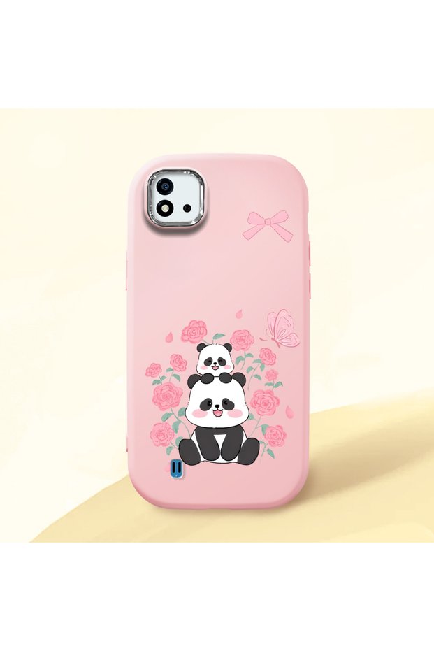 Realme C20/C20A Compatible Shock-Absorbing Camera Protected Pink Silicone Case Panda Patterned
