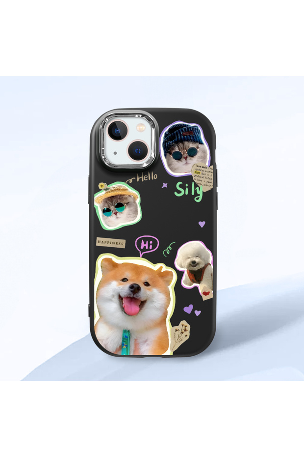 iPhone 15 Plus/14 Plus Compatible Black Silicone Case with Shock-Absorbing Camera Protections Dog Patterned