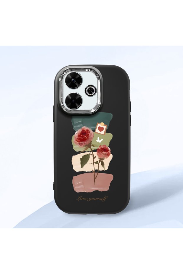 Redmi 13/13X Compatible Shock-Absorbing Camera Protected Black Silicone Case Artistic Patterns
