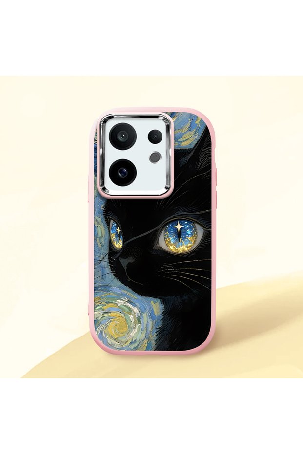 حافظة سيليكون وردية متوافقة مع هاتف Vivo X200 Fe مع حماية للكاميرا ماصّ للصدمات درجة، تصميم قطة منقوش