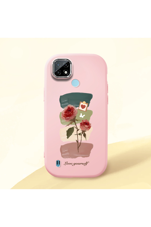 Realme C21 Compatible Shock-Absorbing Camera Protected Pink Silicone Case Artistic Patterns