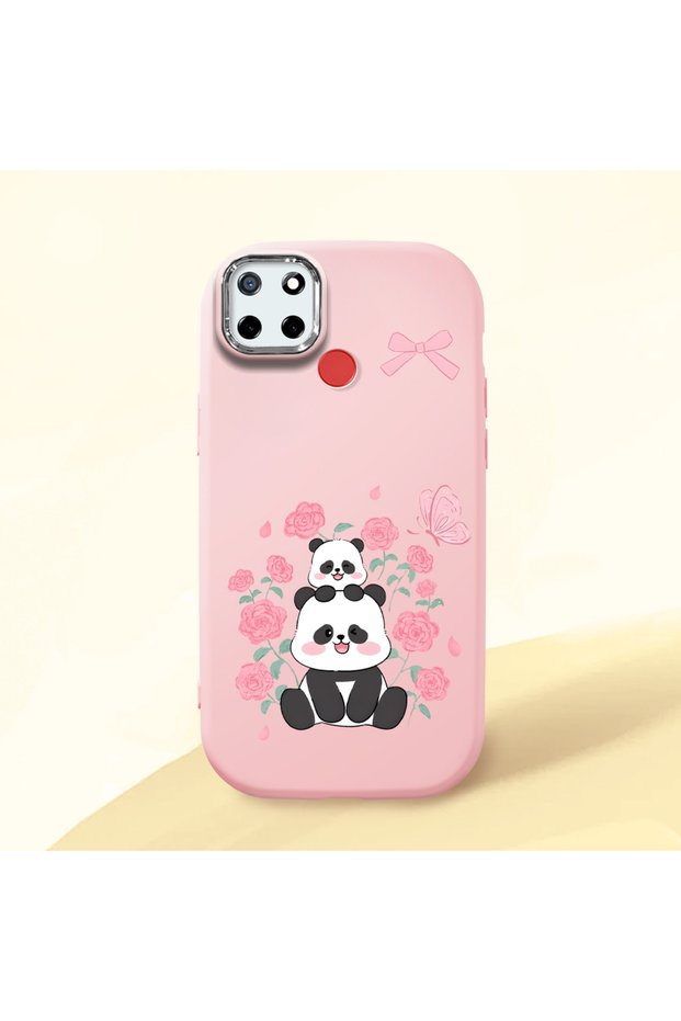 Realme C25/C25S Compatible Shock-Absorbing Camera Protected Pink Silicone Case Panda Patterned