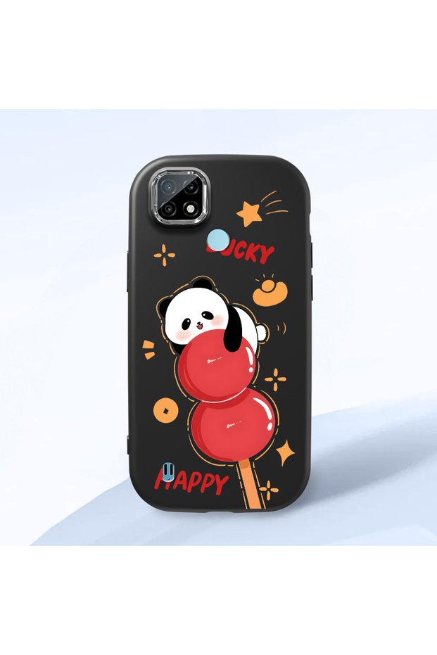 Realme C21 Compatible Shock-Absorbing Camera Protected Black Silicone Case Panda Patterned