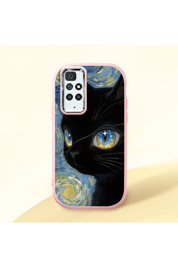 حافظة سيليكون وردية متوافقة مع هاتف Redmi 10 4G مع حماية للكاميرا ماصّ للصدمات Cat منقوش