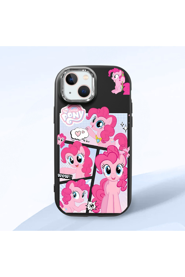 iPhone 14 Plus/15 Plus Compatible Black Silicone Case with Shock-Absorbing Camera Protections Pony Patterned