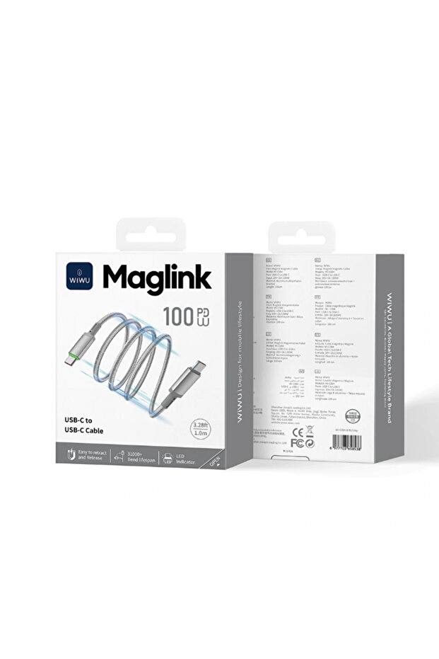 Wi-C084 Maglink 100W Magnetic Type-C to Type-C 1m Cable - Gray
