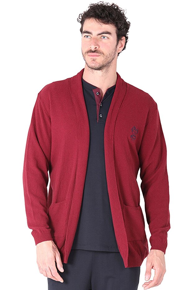 Men's Long Sleeve Rob Knitwear Robdöşambr Cardigan Claret Red