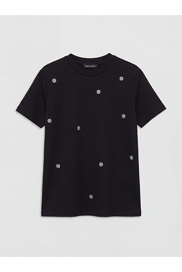 Black Crew Neck Stone Women's T-Shirt