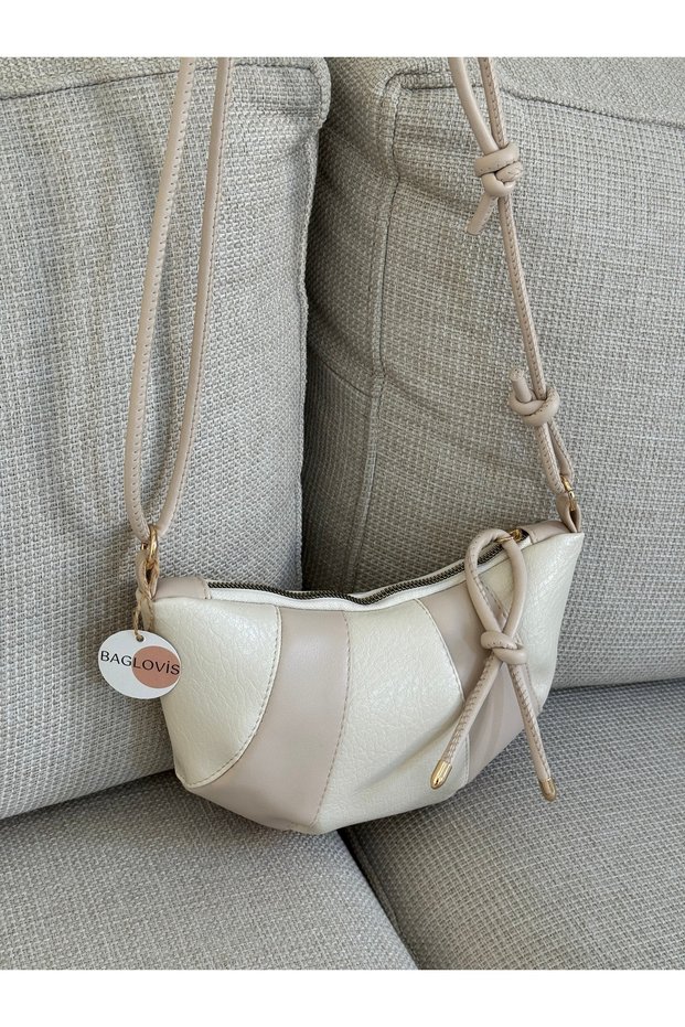 Women's Beige Colorful Croissant Model with Knot Detail, Stylish Shoulder and Underarm Bag Bag