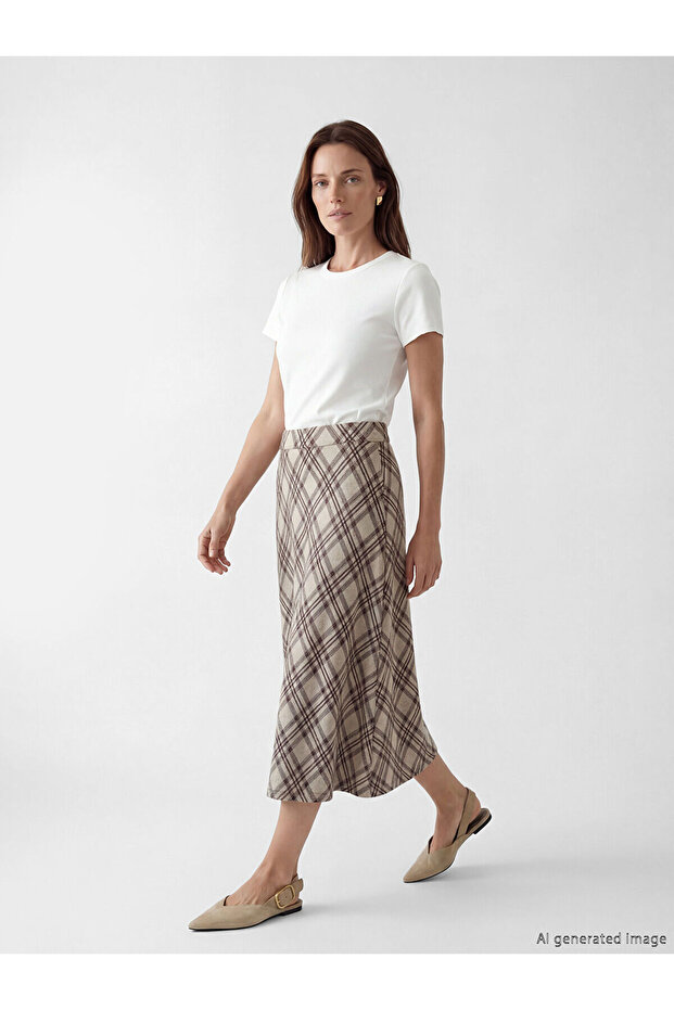 Giyçık Store Beige Elastic Waist Plaid A-Line Skirt