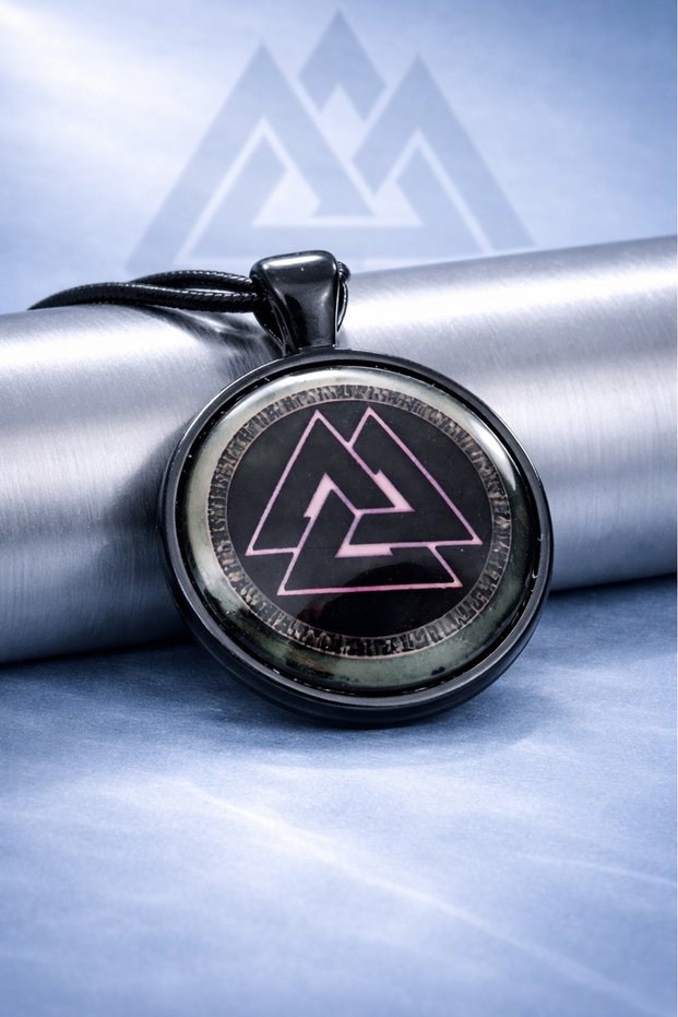 Glass Overlay on Black Metal Viking Norse Valknut Symbol Viking Pendant