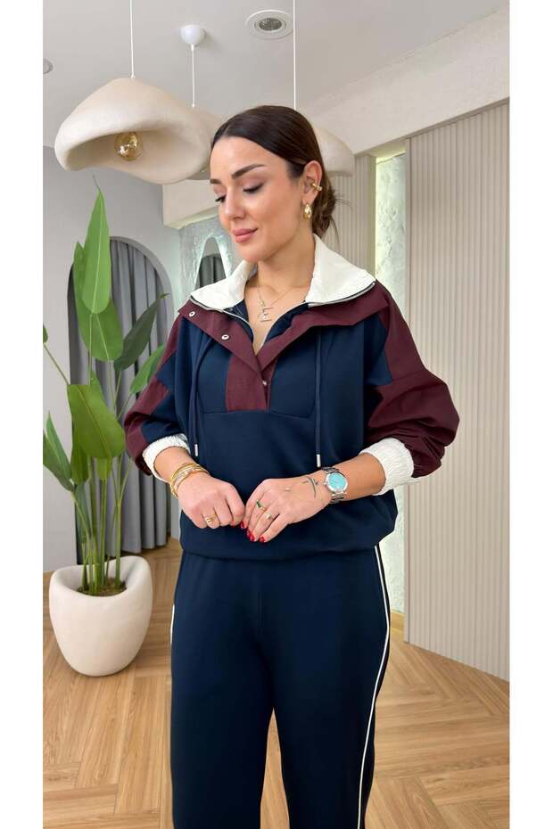 Keyymod Women's Parachute Detailed Color Block Sweat-Pants with Loose Trousers Modal Set