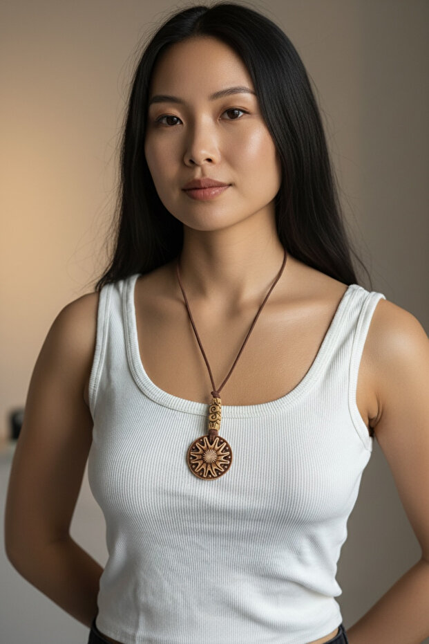 Ethnic Necklace with Sun Figure - Brown Suede String Bohemian Handmade Necklace