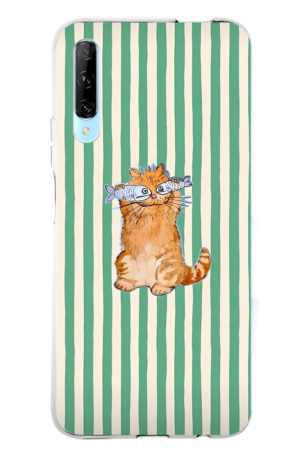 Huawei P Smart Pro Compatible Fish-Eyed Cat Patterned Transparent Phone Case