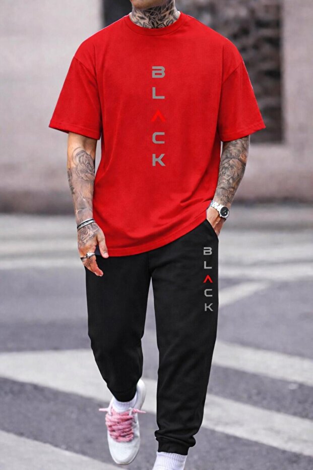 Men's Black Printed Tracksuit T-Shirt Set