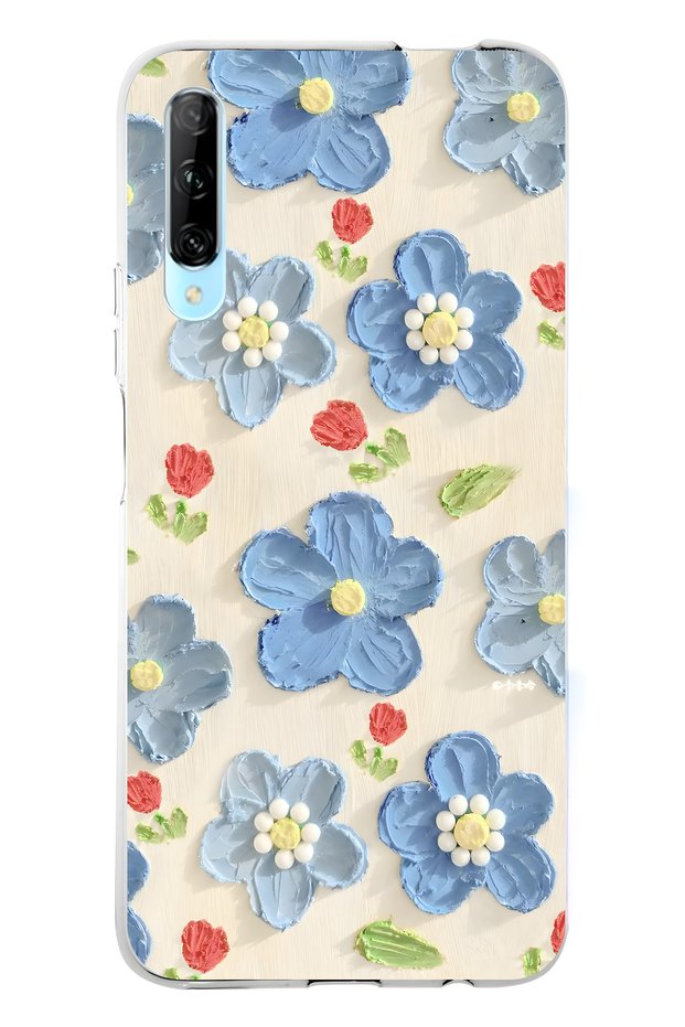 Huawei P Smart Pro Compatible Blue Oil Painting Floral Print Transparent Phone Case