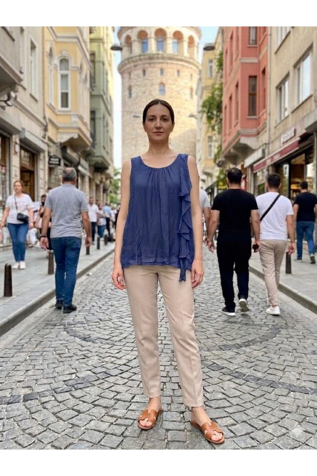 Women's Italian Indigo Blue Round Neck as Lined Without Olsu, Ip Silk Long