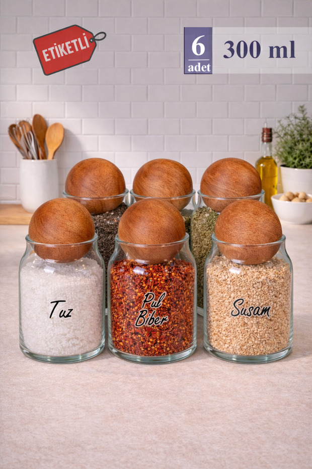 Pureglass Set of 6 300 ml Glass Spice Jars with Wooden Ball Lids – Labeled, Stylish Lids
