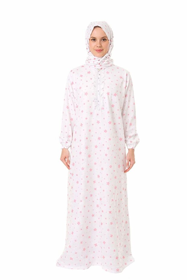 One Piece Star Patterned Long Sleeve Zipper Free Aster Free Cotton Pack Muslim Prayer Dress