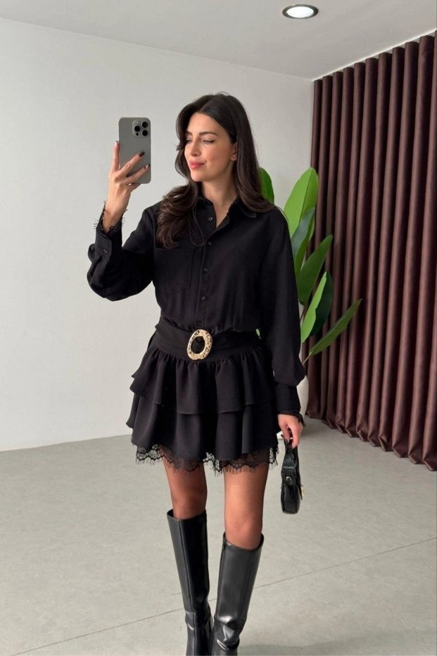 Women's Black Lace Detailed Layered Ruffled Belt Piece Shirt Collar Short Dress