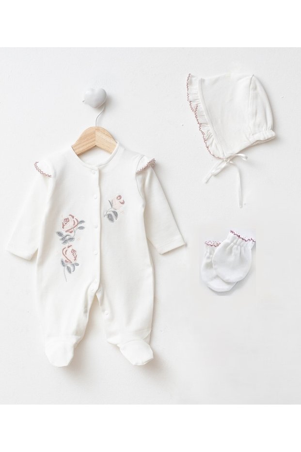 Newborn Baby Girl Hospital Release Set of Cotton Rose Embroidered Rompers