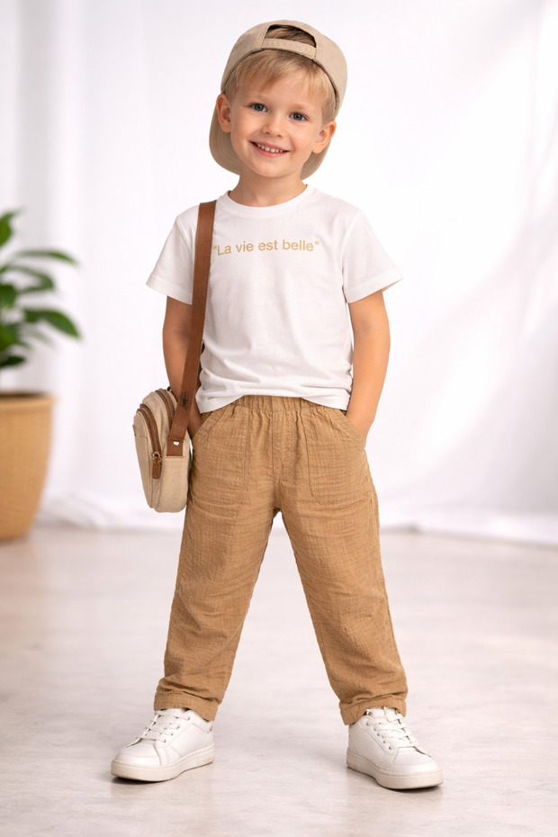 Boy's Written Short Sleeve T-Shirt Beige Muslin Pants 2-Piece Set