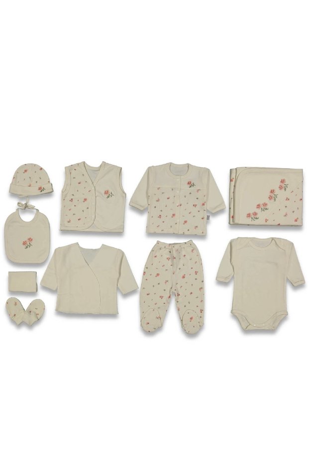 Cross-Stitch Rose Motif Newborn Baby Girl 10 Piece Hospital Discharge Bodysuit Set Baby Outfit