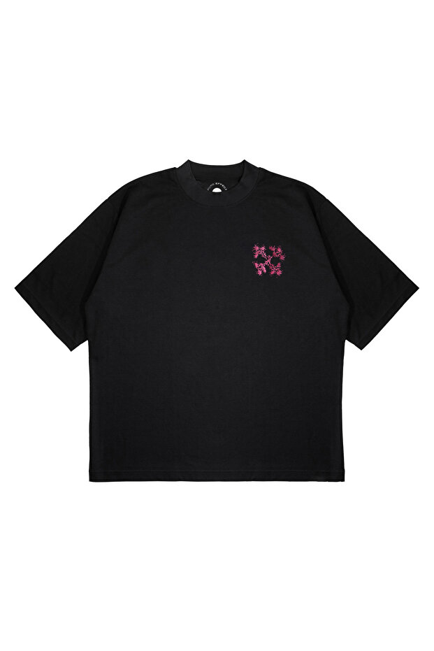 تي شيرت للجنسين مقاس كبير من OFF-WHITE PINK FLOWER B مطبوع ذو قصة فضفاضة مصنوع من قماش سميك (240 جرامًا لكل متر مربع)