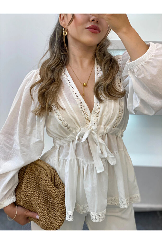 Women's White V-Neck Lace Pack Front Tie-Detail Pinterest Peplum Blouse
