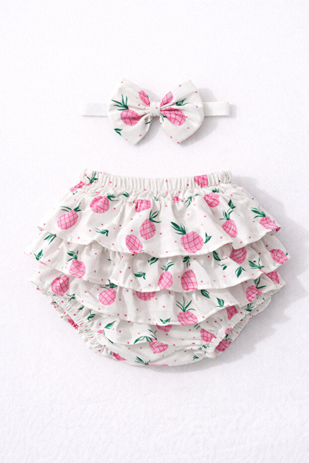 Baby Girl Pink Pineapple Patterned Ruffle Shorts & Bandana Set
