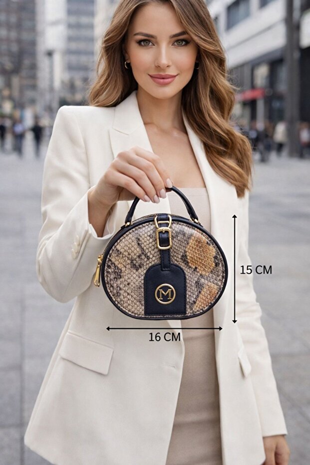 Yılan Leather Si Patterned Cylinder Formed Hand and Shoulder Bag