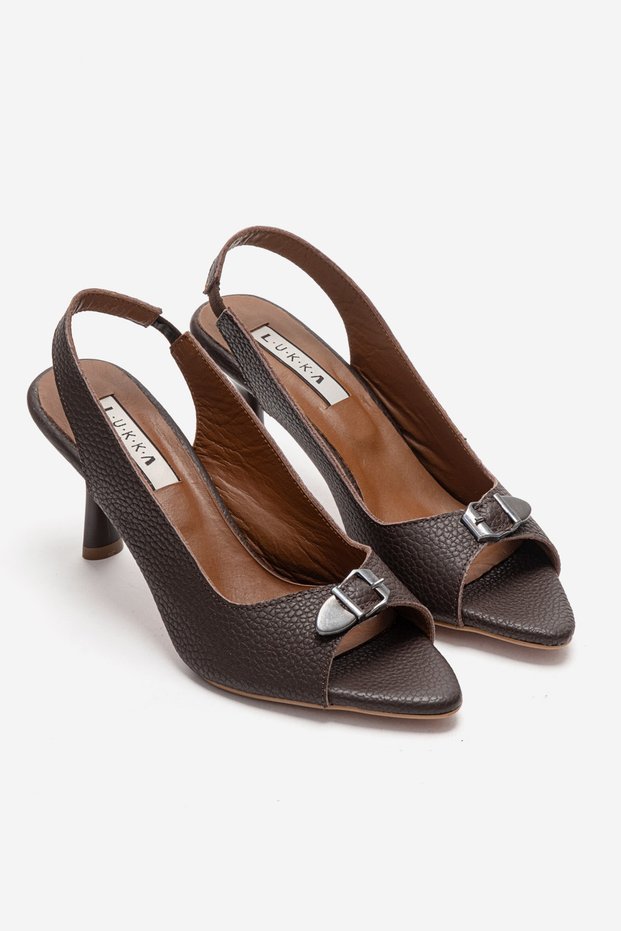 Genuine Leather Agnes Women's Buckle Detail Bitter Brown Heels Sandals