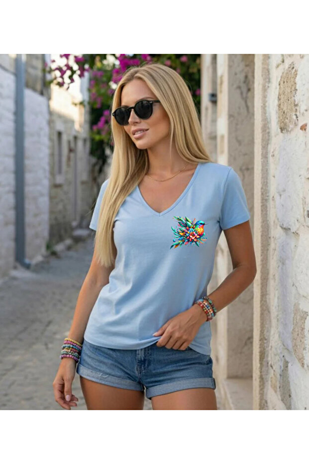 Colorful Flowering Bird Bas Printed Collar Regular Fit Women's Summer T-Shirt
