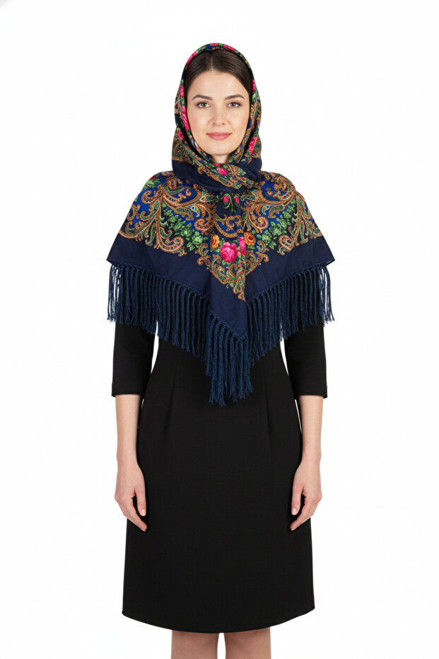 - Royal Midnight Bloom Shawl – Pavlovo Posad Style