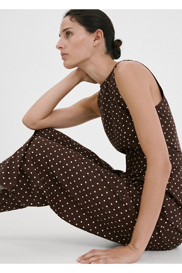 Puantiyeli kemerli keten tulum - 7