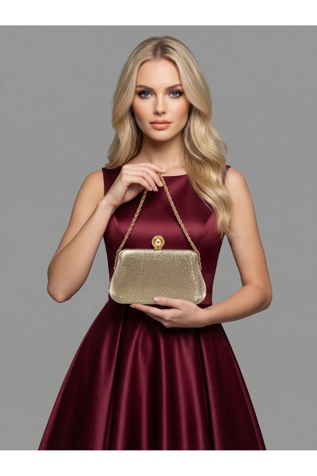 Gold Gold Dore Color Laser Patterned Chain Strap Women's Evening Dress Bag Wedding Engagement Graduation