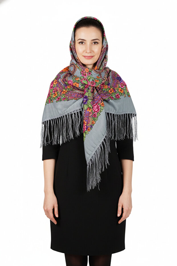 - Frosted Grey Folk Shawl – Golden Paisley Design
