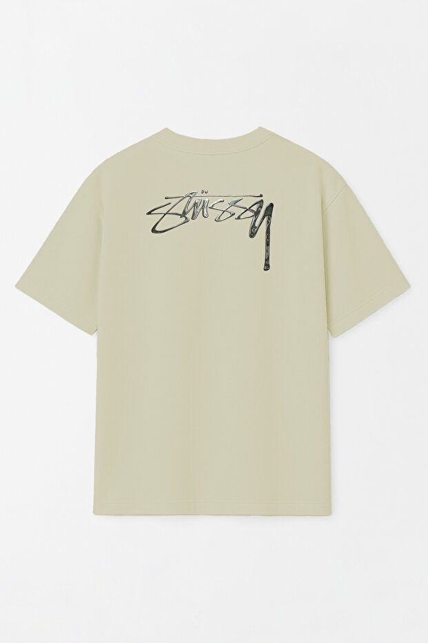Unisex Stüssy Melted Printed Oversized 100% Cotton Wide Cut Textured Crew Neck Green T-Shirt