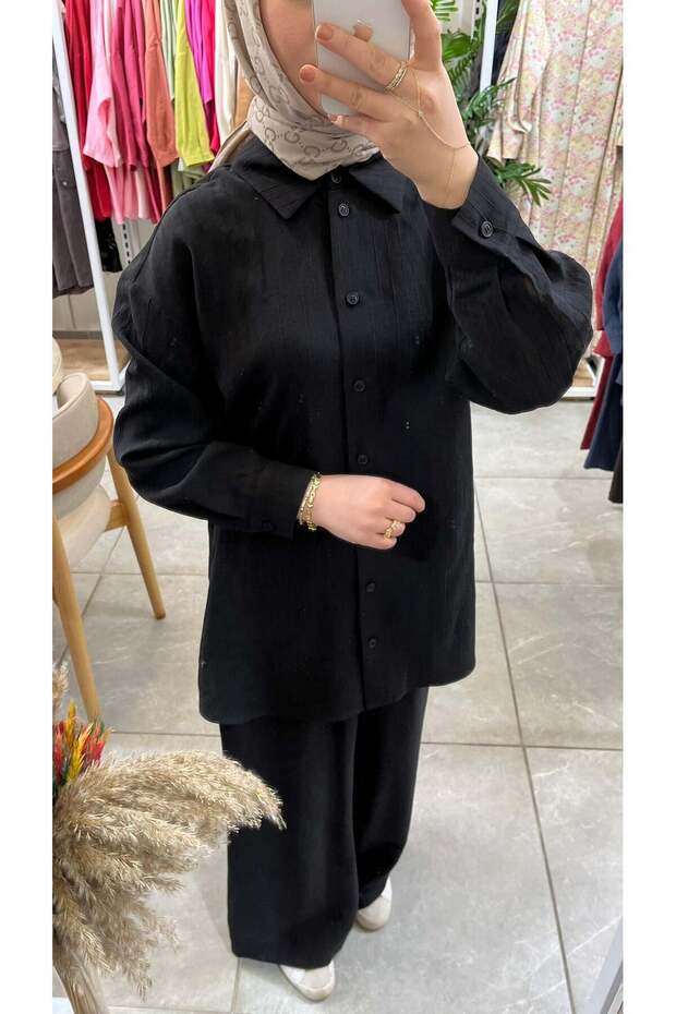 1081 Self-Stripe Trouser Suit Black