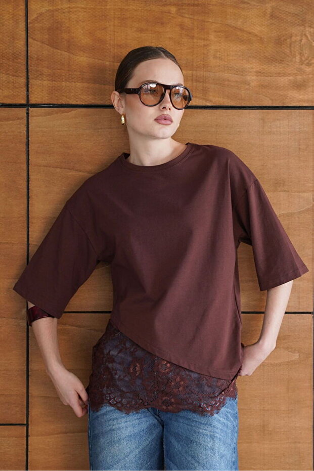 Lace Detailed Asymmetrical T-Shirt - Brown | D2953