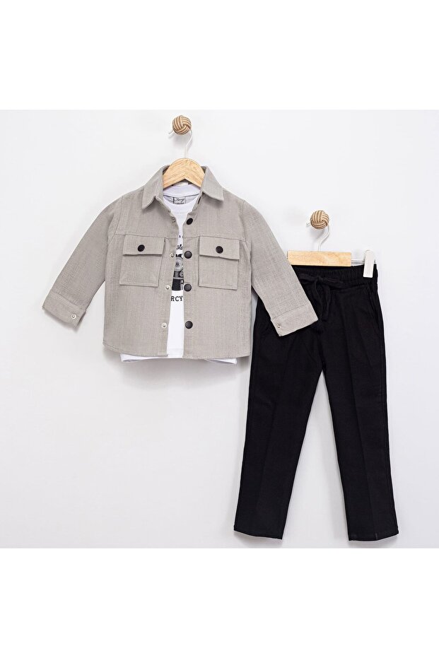 Pocketed Boys' Set with Snap Fasteners and Shirt