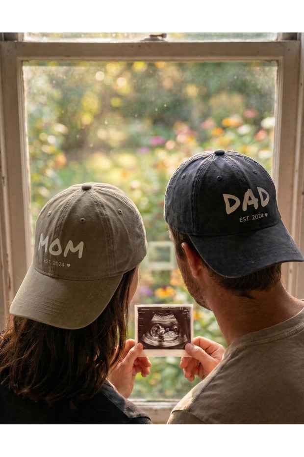 Mom Dad Couple Hat - Washable Vintage Fabric Adjustable Size Buckled Printed Souvenir Hat Est2024