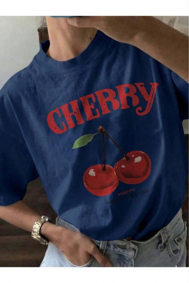 Unisex Navy Blue Happy Cherry Printed Crew Neck T-Shirt