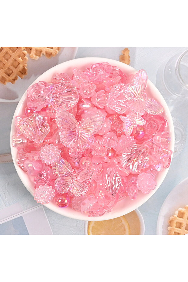 Pink 50g/Pack Mixed Acrylic Pearls Heart Flowers Bow Butterfly Flatbacks Charms Beads DIY Wedding De