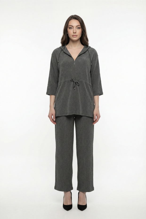 Women's Khaki Summer Hoodie with Elastic Waist and Laces Top and Bottom Set