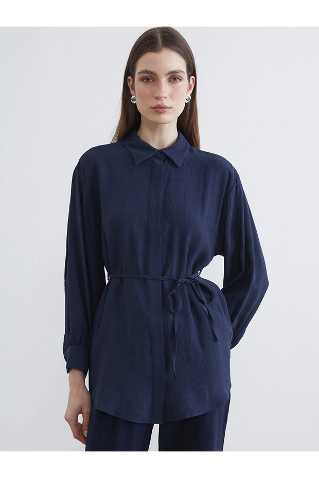 Lcw Modest Navy Blue Textured Women's Shirt Tunic