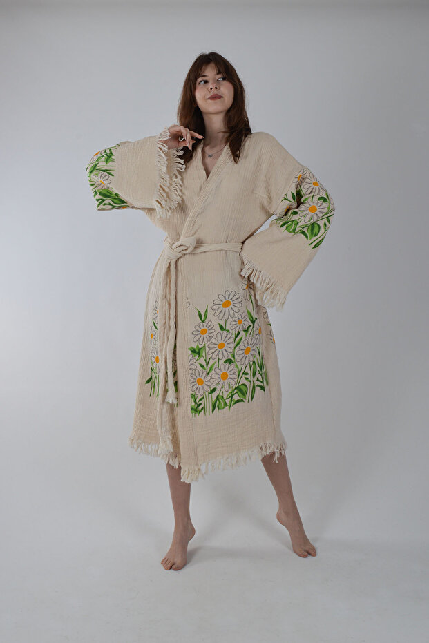 Kimono Kaftan Cotton Pieces Daisy Pattern Printed Belted 1 Piece Unisex Muslin Fabric Peshtemal Bathrobe
