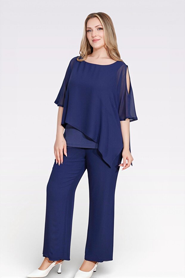 30094 Dark Blue Chiffon Pants with Elastic Waist and Tube-Legged Trim.