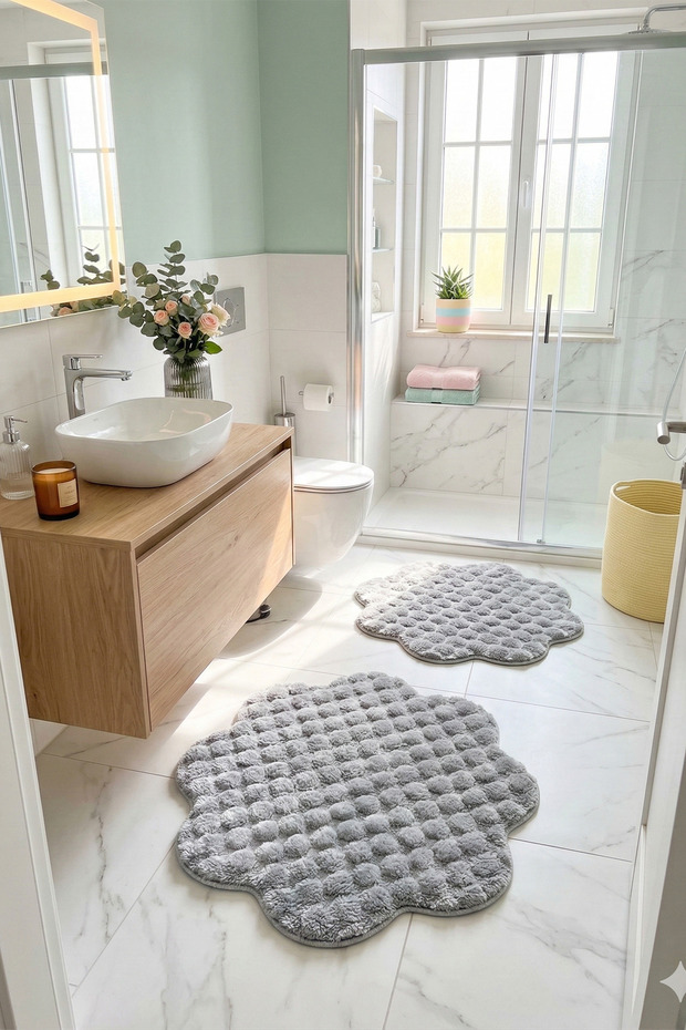 Bubble Papatya Bath Mat Set of Non-Slip Sole Fluffy Soft Plush Rug Decorative Bathroom 2-Piece Set