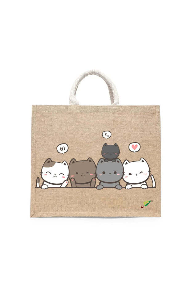 Tote Bag - Cute Kitty Printed Stylish Carry-All Cotton Tote Set of 01